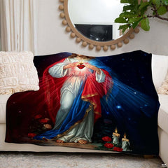 Angled view displaying devotional robes, celestial stars, and radiant rays in deep navy bedroom setting.