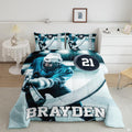 Teal ice hockey goalie player graphic sports bedding set displayed neatly on a bed in a modern youth bedroom