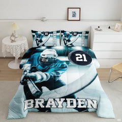 Teal ice hockey goalie player graphic sports bedding set displayed neatly on a bed in a modern youth bedroom