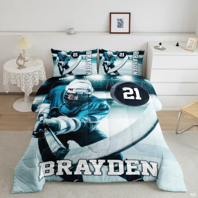 Teal ice hockey goalie player graphic sports bedding set displayed neatly on a bed in a modern youth bedroom