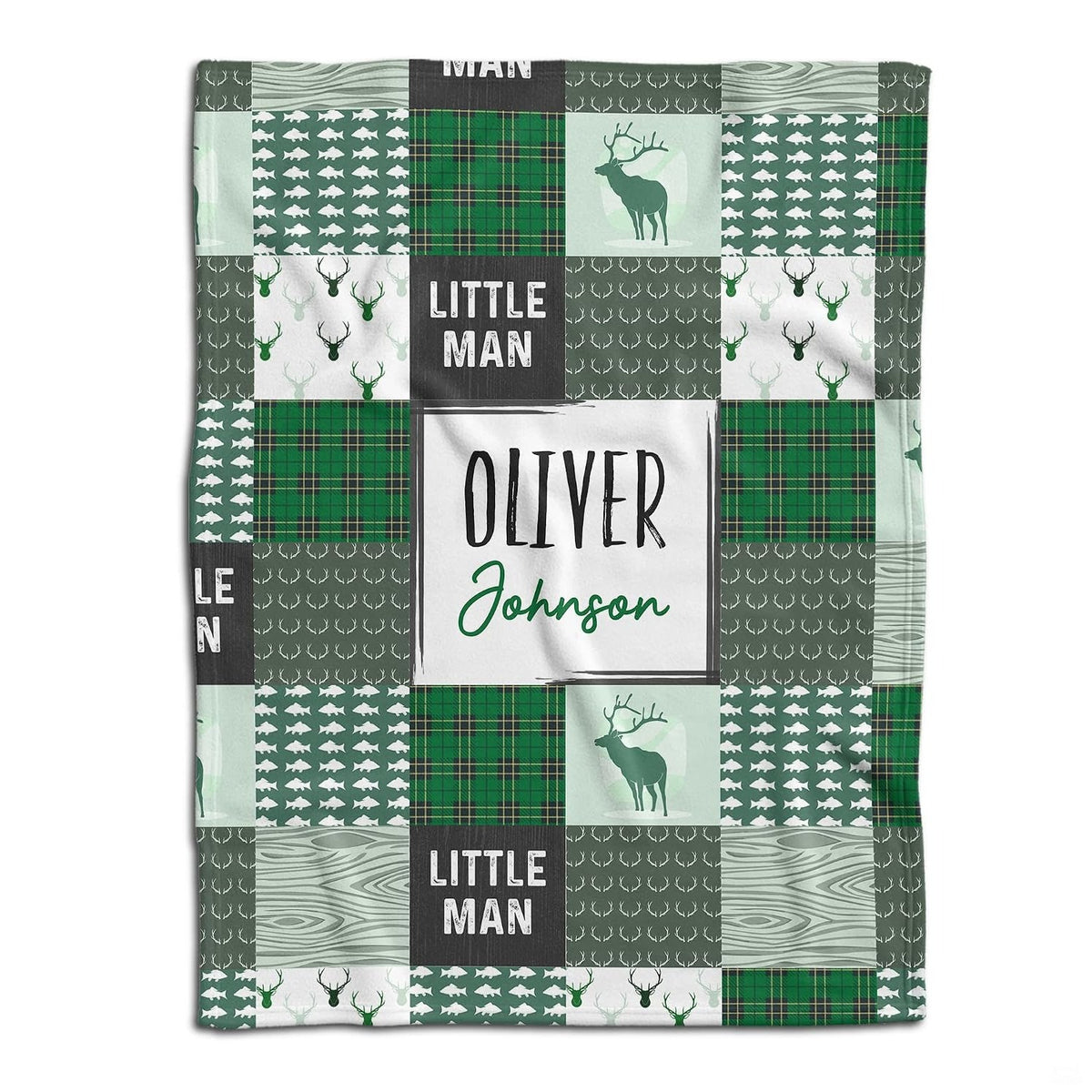 Woodland deer baby blanket displayed flat showing green rustic patchwork squares and stag silhouettes