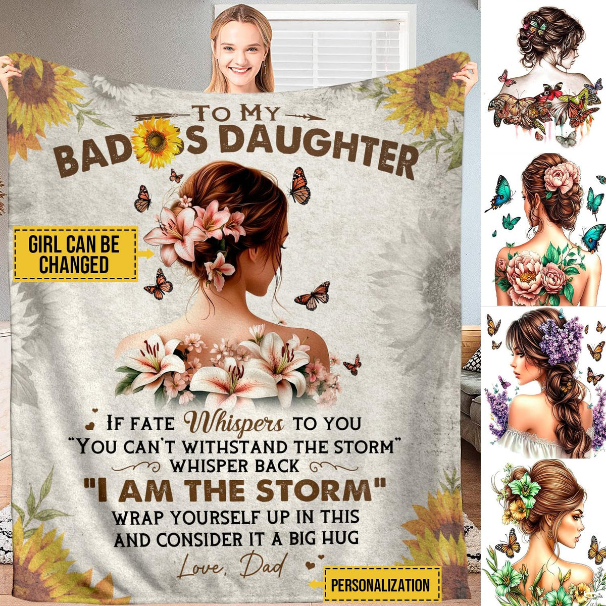 Floral woman bedding set featuring an illustrated female portrait, golden sunflowers, lilies, and butterflies.