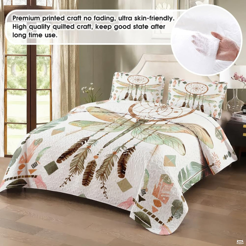 Boho dragonfly bedding in a softly lit bedroom