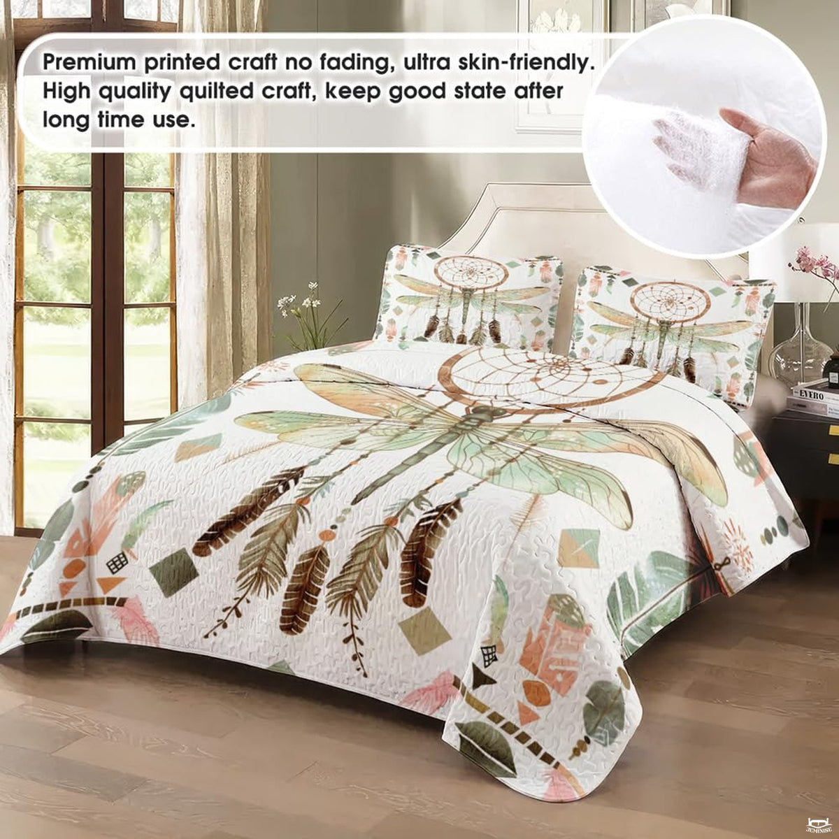 Boho dragonfly bedding in a softly lit bedroom
