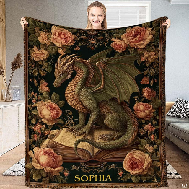 Baroque green dragon on antique tome fantasy blanket showing dragon on open book view 1