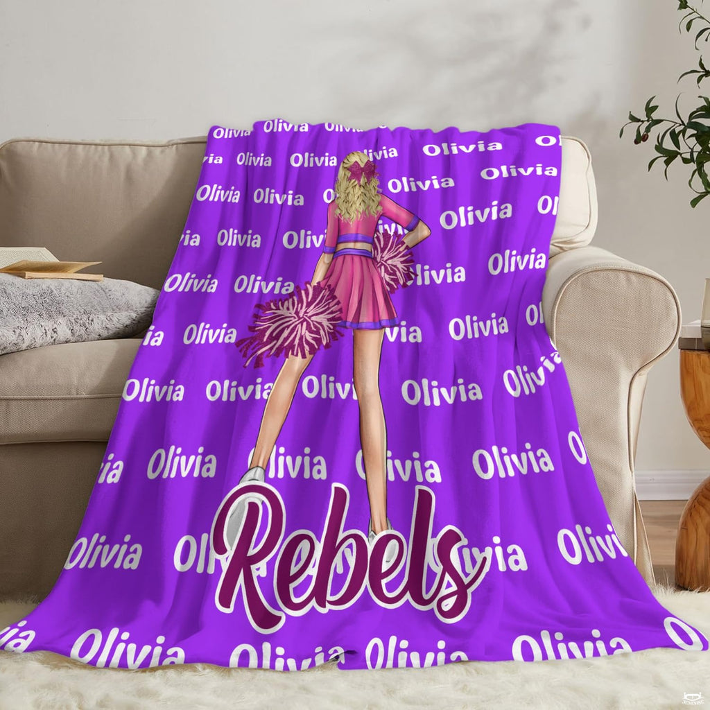 Cheerleading team spirit throw blanket draped across a living room chair.