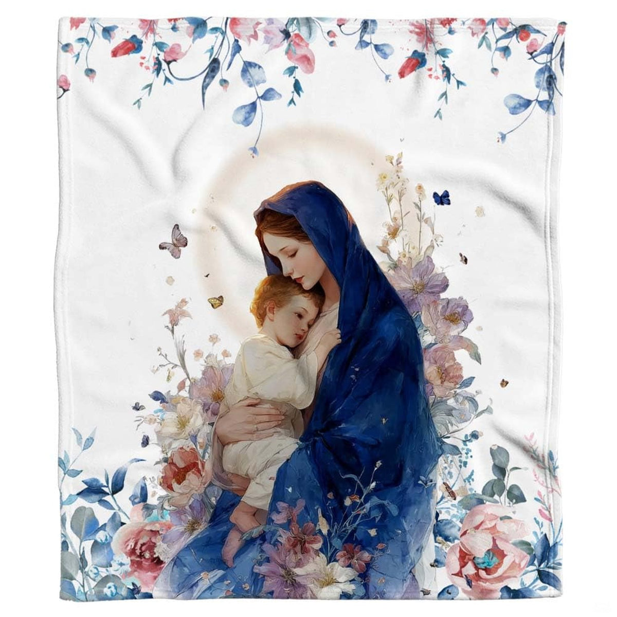 Full flat view of Madonna and Child throw blanket showing cobalt blue mantle and pink peonies.