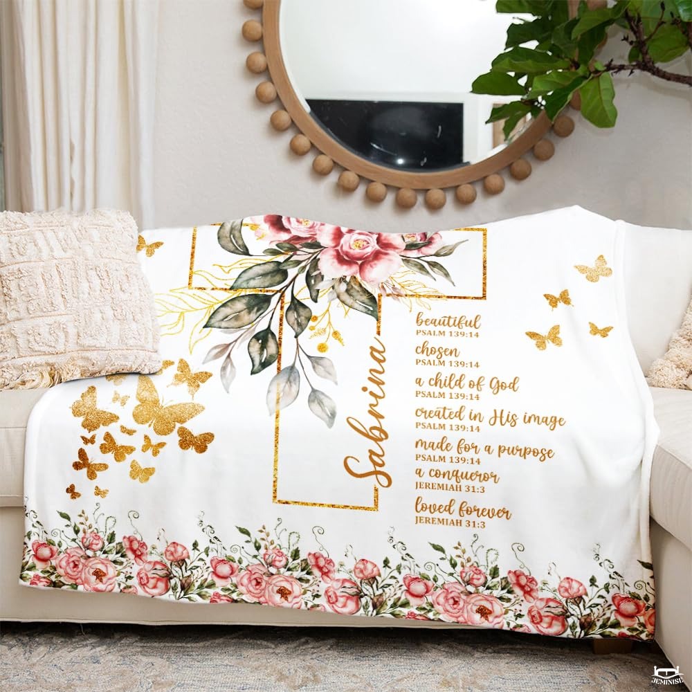 Custom Floral Cross with Butterflies Blanket, Machine Washable