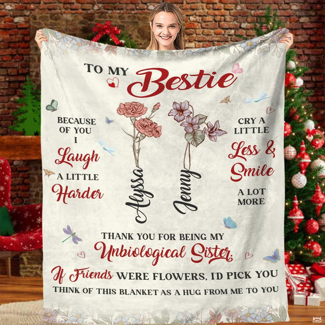 Botanical blossoms blanket featuring illustrated rose and lavender floral stems, butterflies, and foliage.