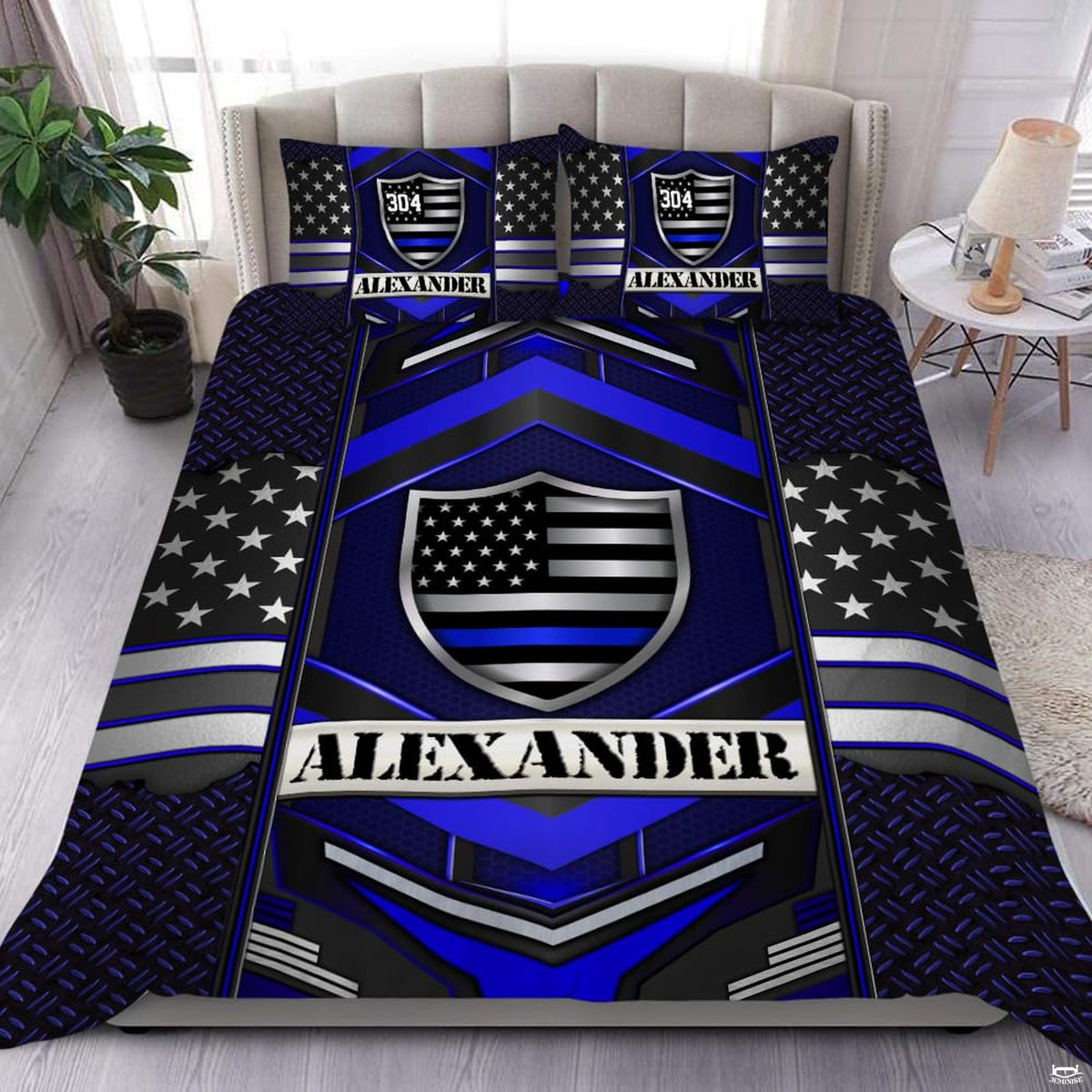 Blue and silver geometric shield artwork with stars, bars, layered chevrons, and textured panels