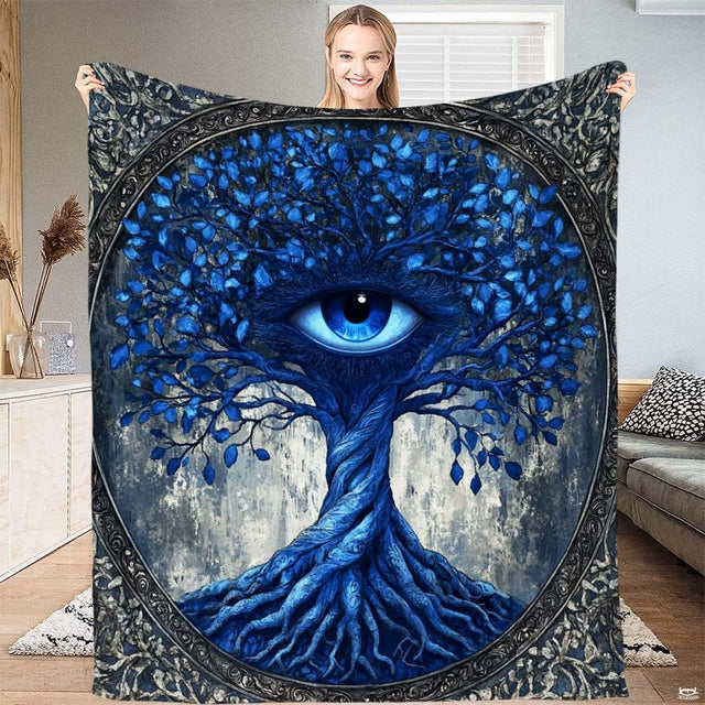 Tree of life bedding set featuring a celestial all-seeing eye and cobalt blue foliage on parchment backdrop.