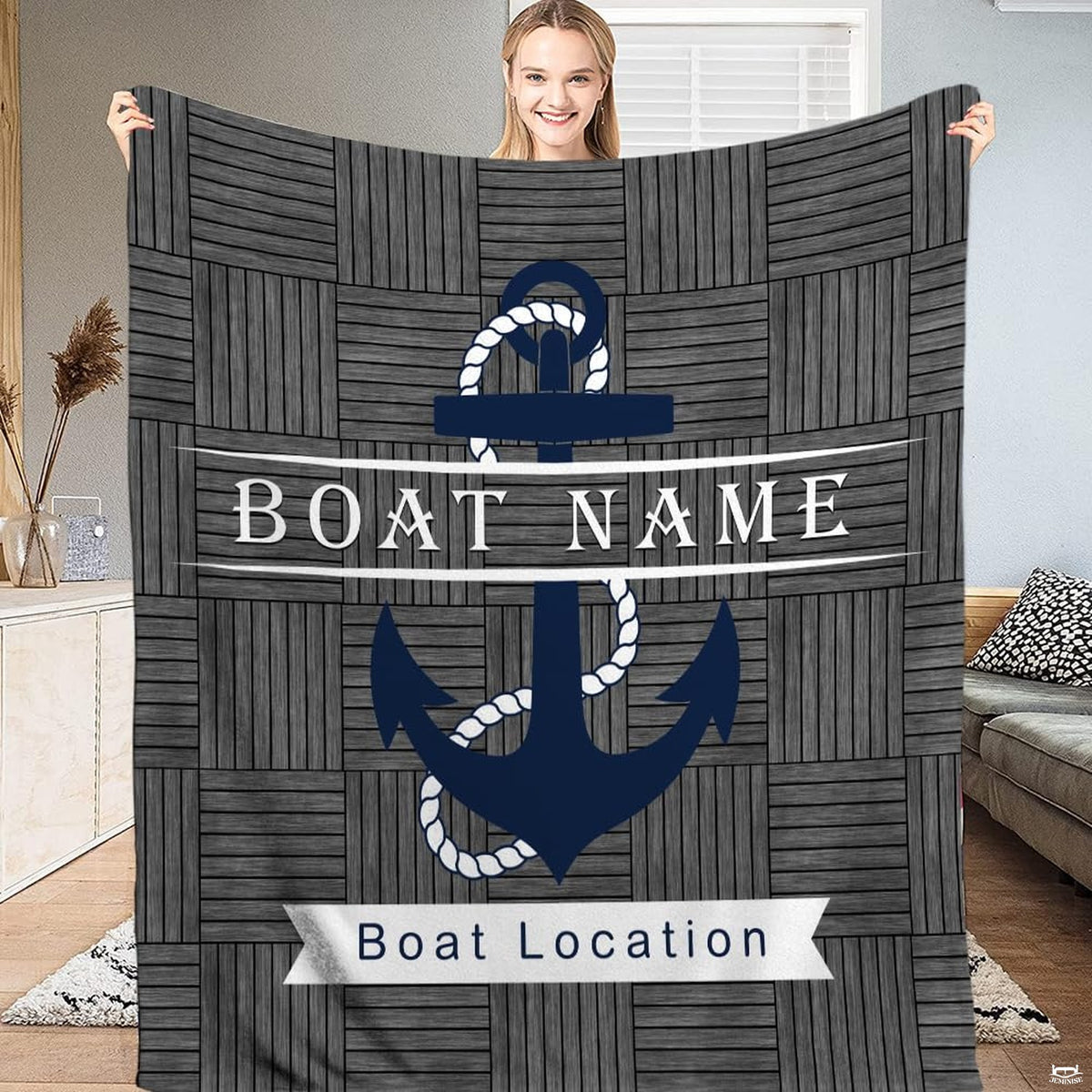 Nautical navy anchor rustic wood throw blanket featuring a blue anchor over grey wood parquet planks