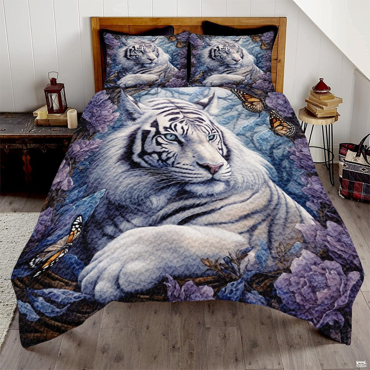 Reclining white tiger framed by purple blossoms, blue foliage, and monarch butterflies on bedding set.