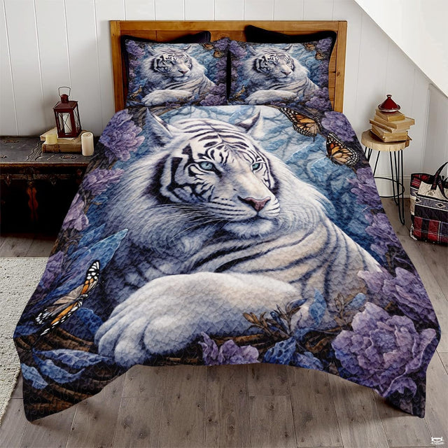 Reclining white tiger framed by purple blossoms, blue foliage, and monarch butterflies on bedding set.