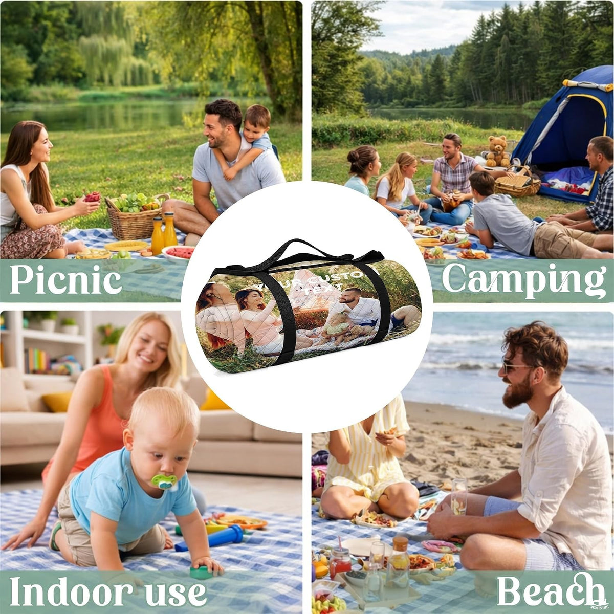 Folded family photo picnic blanket showing secure folding flap and photo print