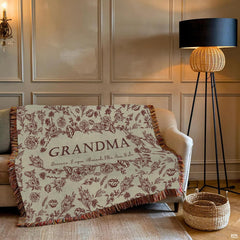 Overhead display showing complete burgundy botanical heirloom composition on Blanket.