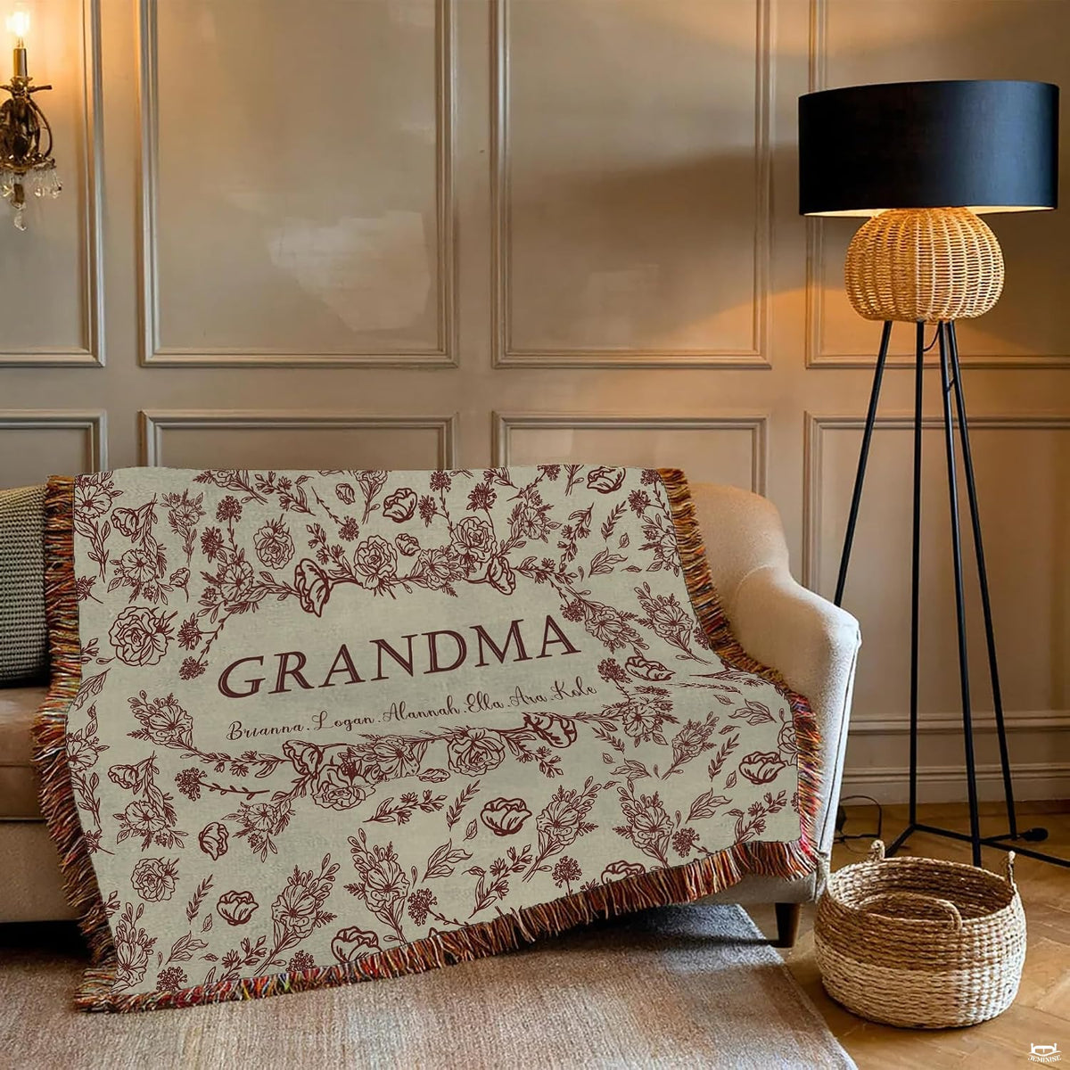 Overhead display showing complete burgundy botanical heirloom composition on Blanket.
