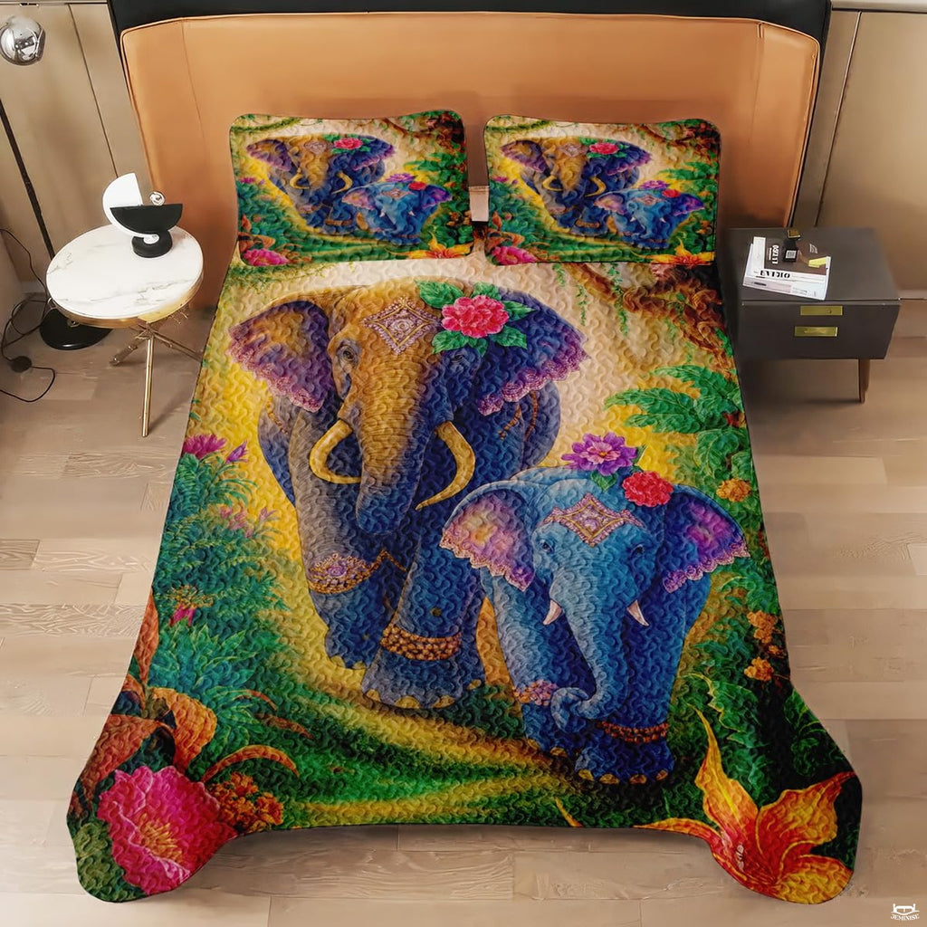 Bedroom view of elephant bedding set accompanied by complementary bohemian and rustic interior decor accents.