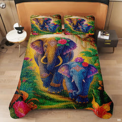 Bedroom view of elephant bedding set accompanied by complementary bohemian and rustic interior decor accents.