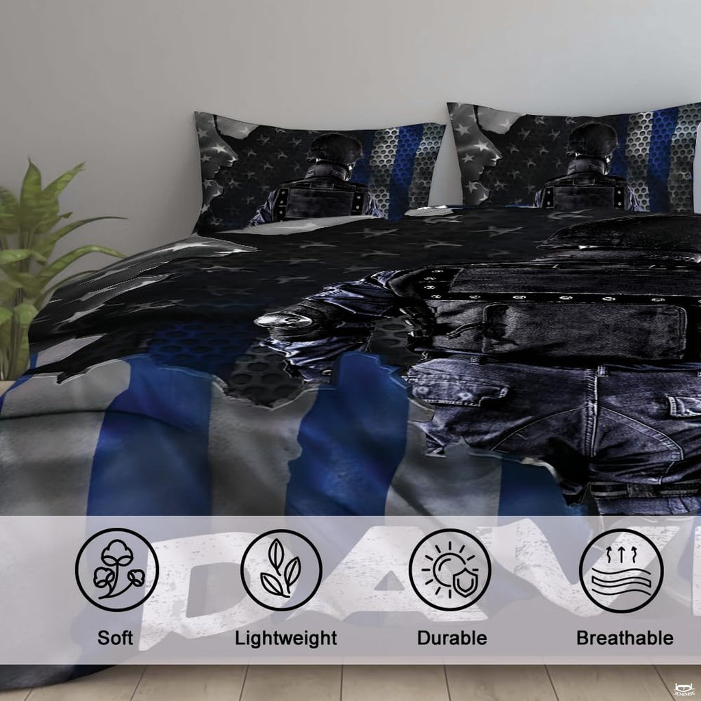 Close bedroom view of dark tactical gear, blue bands, torn edges, stars, and perforated pattern