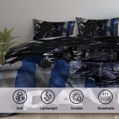Close bedroom view of dark tactical gear, blue bands, torn edges, stars, and perforated pattern