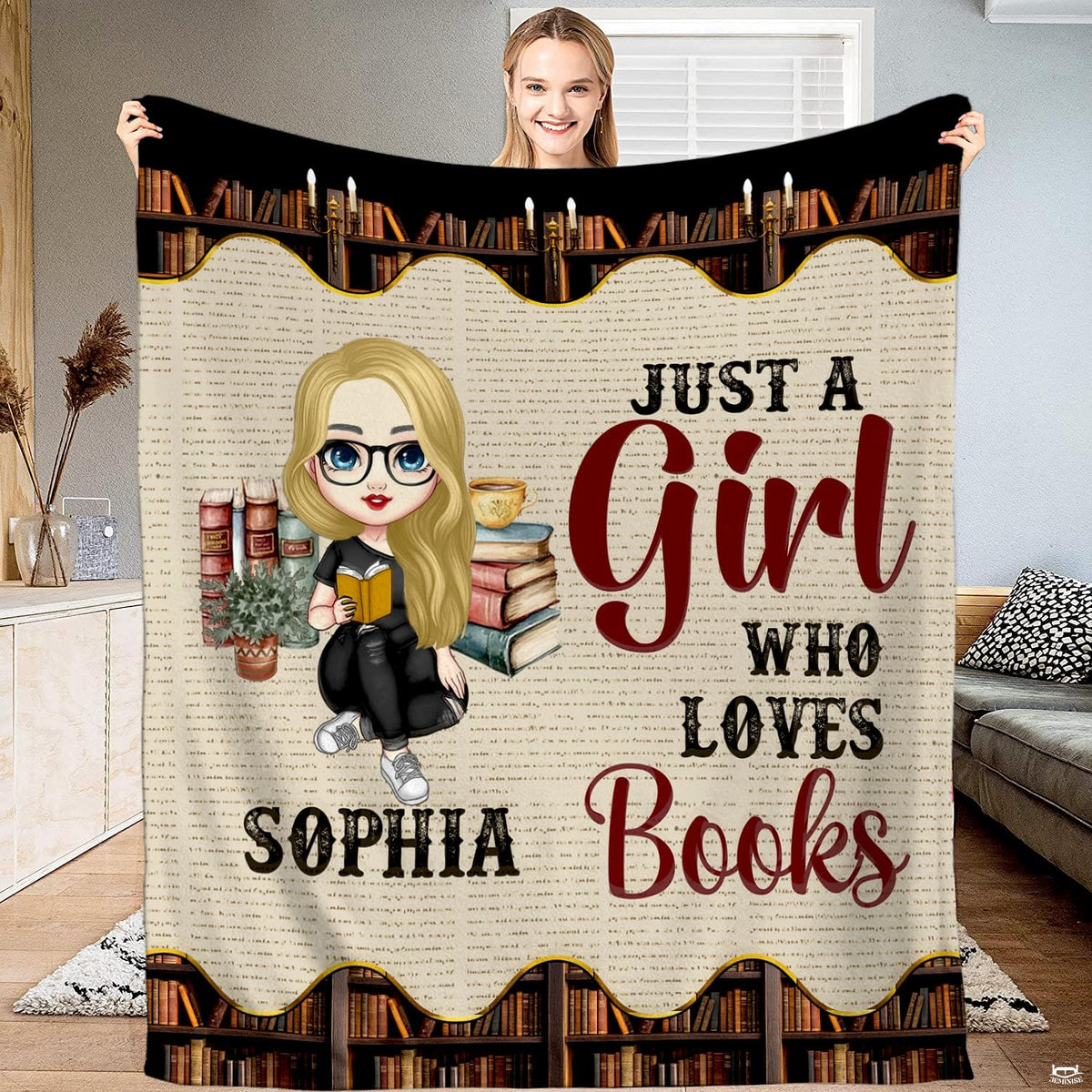 Character selection mockup for the reader girl throw blanket presenting personalized avatar options.