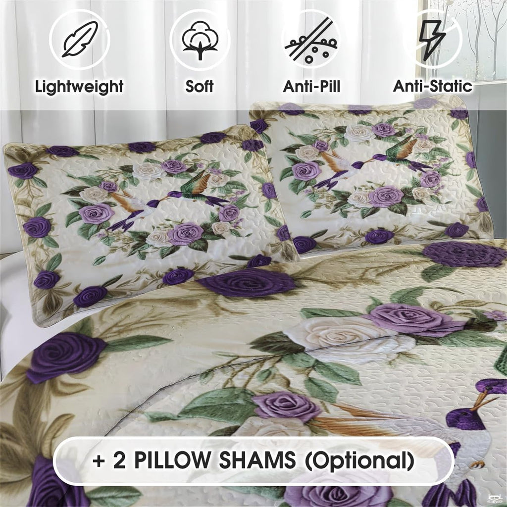 Close view of hummingbird and purple rose pillow artwork