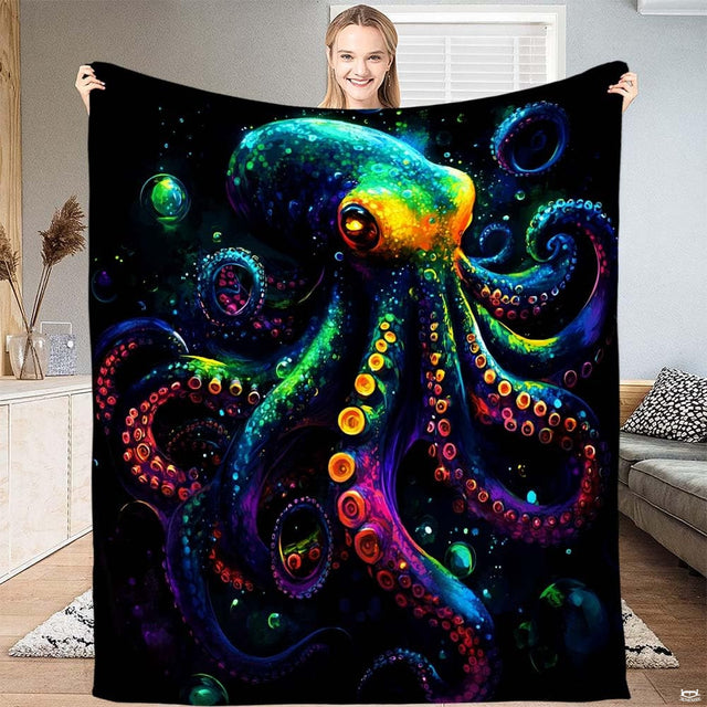 Neon rainbow octopus glow throw blanket view 2 detailing psychedelic tentacles and bubbles