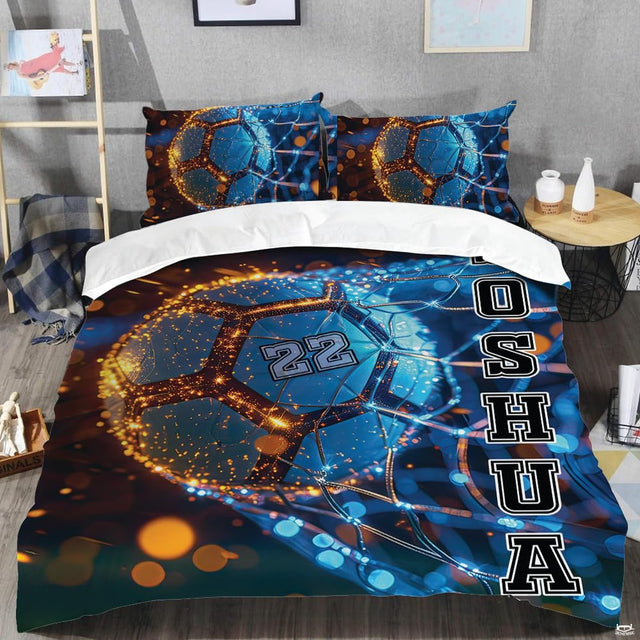 Close-up view of soccer bedding highlighting dynamic blue plasma flame graphics and electric lightning bolts