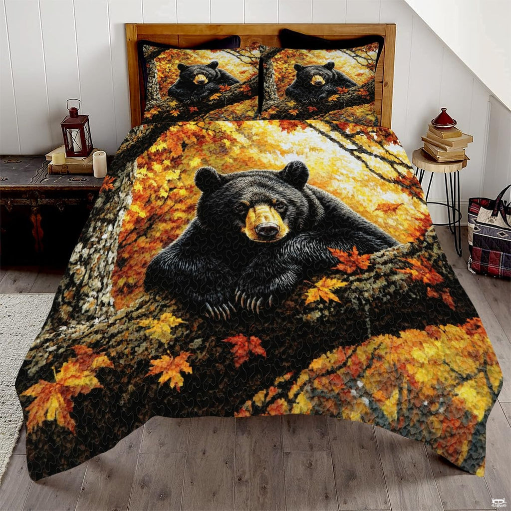 Sunlit yellow bear family woodland bedding set displayed on a bed in a rustic lodge bedroom