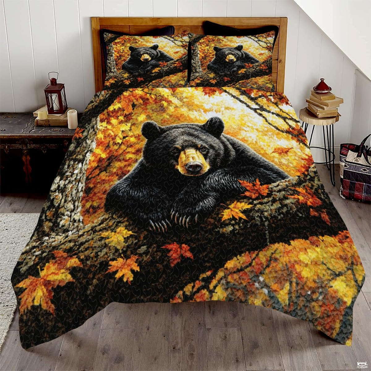 Sunlit yellow bear family woodland bedding set displayed on a bed in a rustic lodge bedroom