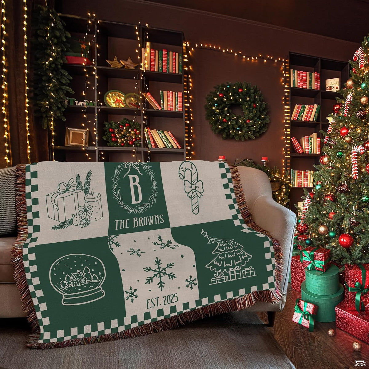 Checkerboard border detail on Christmas bedding featuring festive holiday line art motifs.