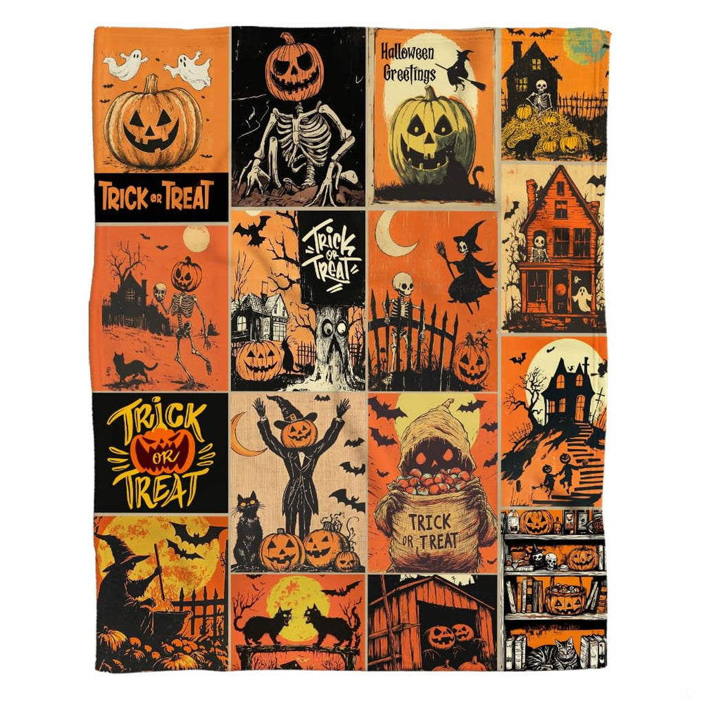 Vintage comic throw blanket featuring patchwork panels of pumpkin skeletons and haunted houses.