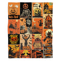 Vintage comic throw blanket featuring patchwork panels of pumpkin skeletons and haunted houses.