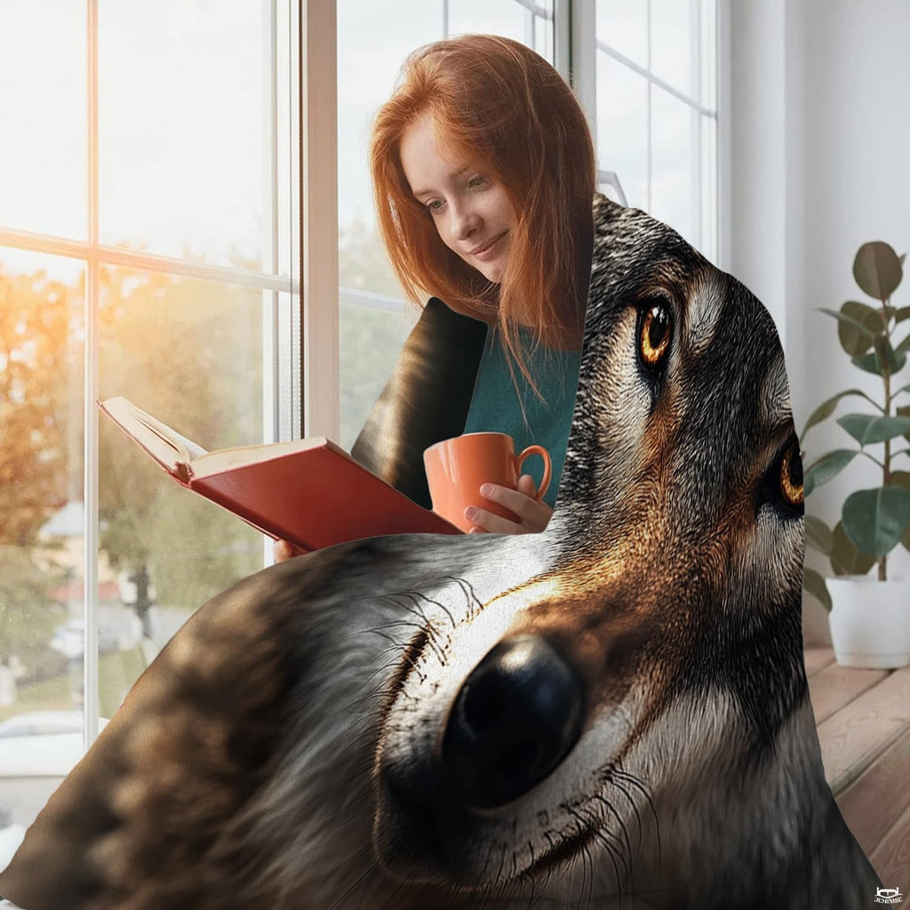 Timber wolf direct gaze portrait throw blanket styled neatly across bedroom bed