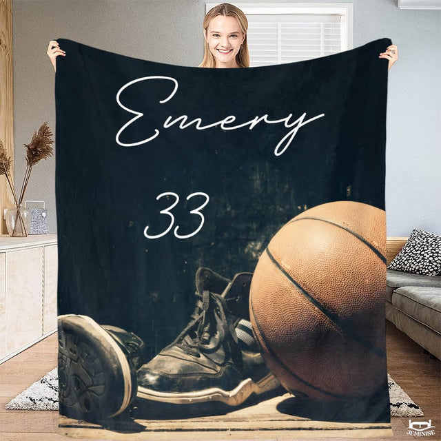 Personalized Basketball Next To Athletic Shoes Blanket with Name and Number