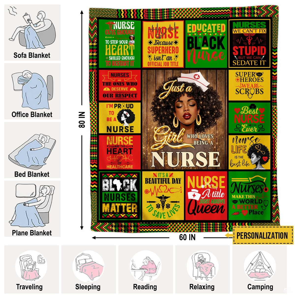 Black nurse appreciation patchwork design with pan-African panels and medical emblems, view 4.