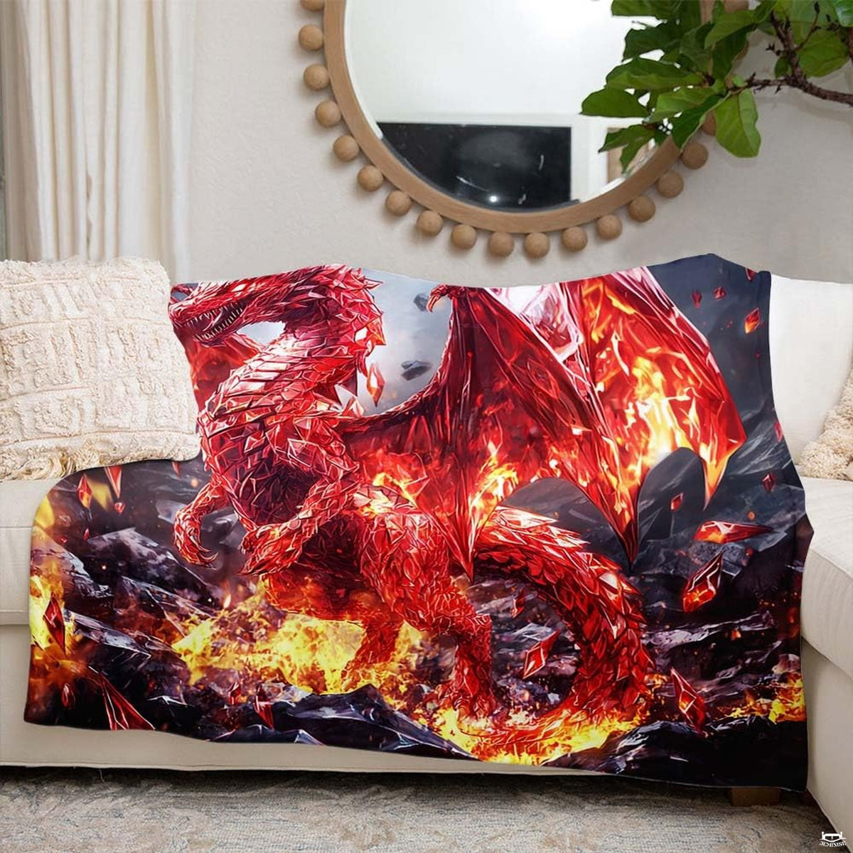 Ruby crystal dragon throw blanket draped over a living room sofa creating a striking fantasy room accent.