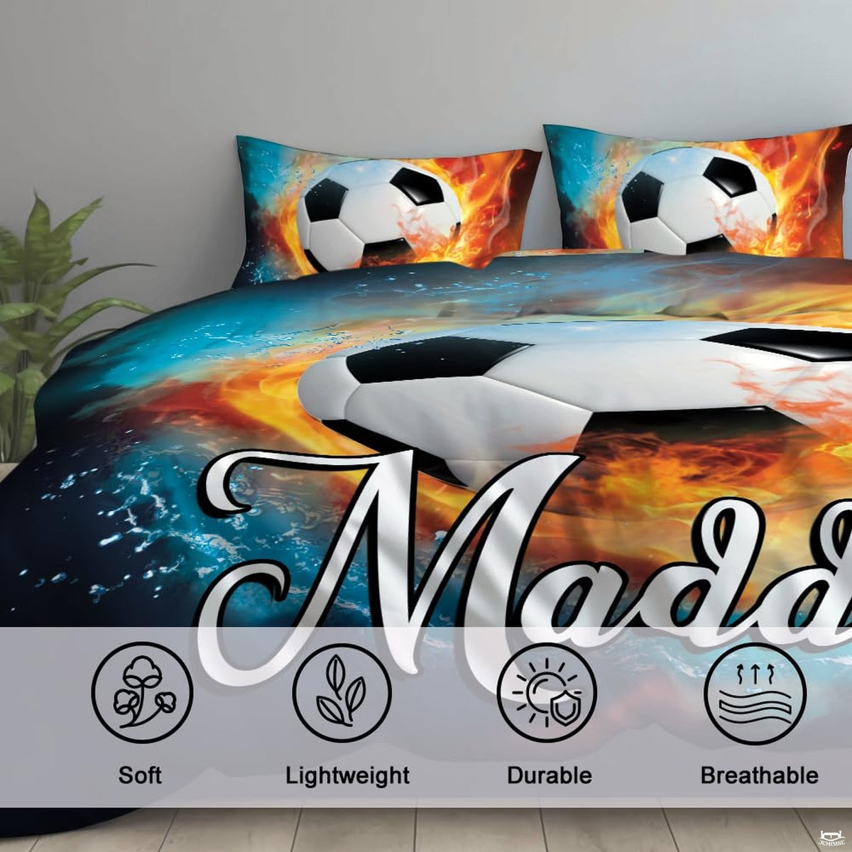 Overhead view of elemental soccer bedding arranged neatly across an athletic youth bedroom mattress