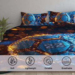 Side angle view of sports bedding displaying electric cobalt blue and deep navy slate color tones