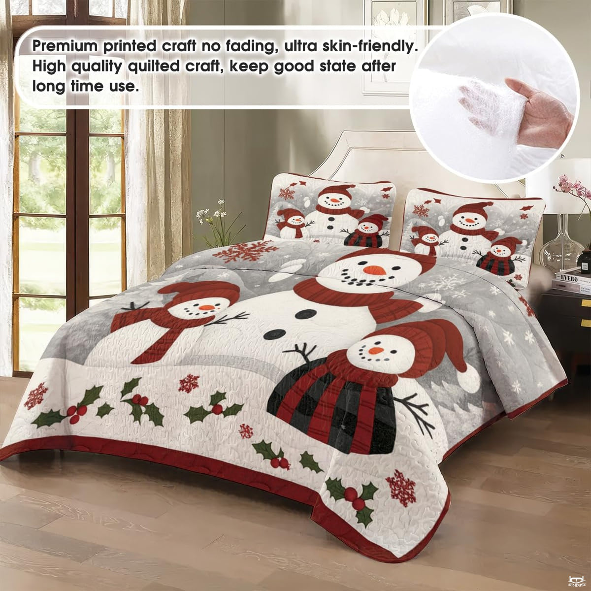 Top-down perspective of Christmas bedding set displaying cranberry crimson borders and snowflake motifs.