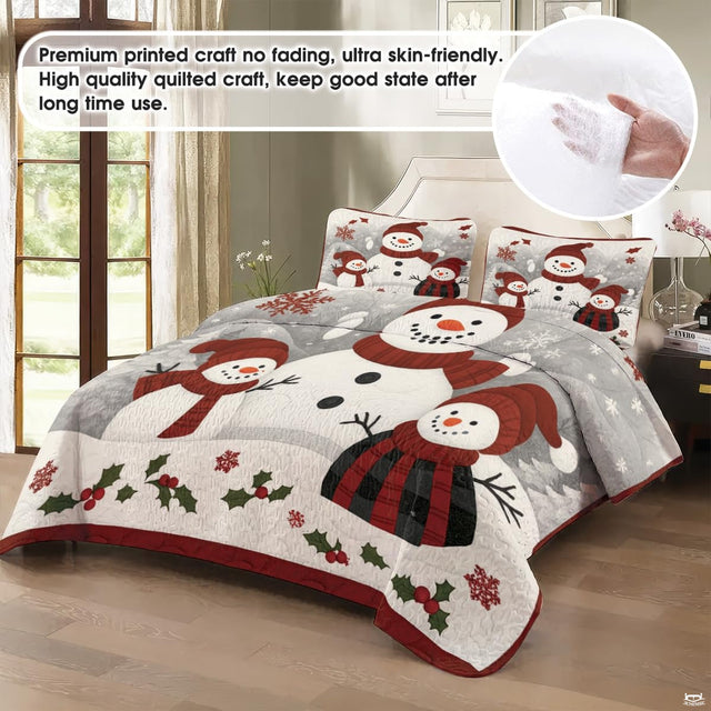 Top-down perspective of Christmas bedding set displaying cranberry crimson borders and snowflake motifs.