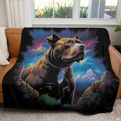 Folded majestic mountain pitbull throw blanket resting on wooden bench displaying rich sunset colors