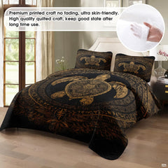 Close-up view of turtle bedding showcasing intricate Polynesian tribal motifs and golden bronze tones