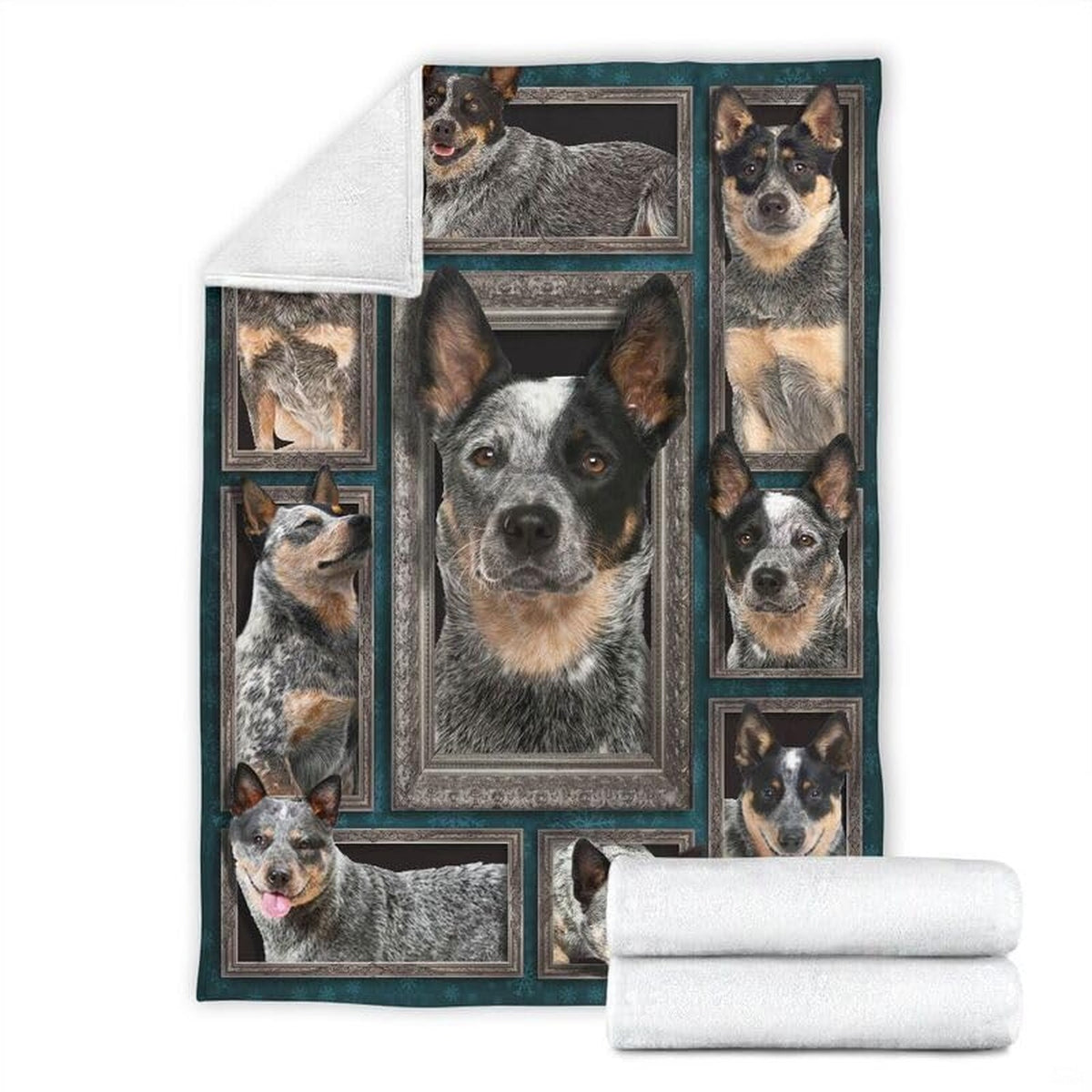 Folded corner and rolled layout of the Australian Cattle Dog blanket showing the white reverse side.
