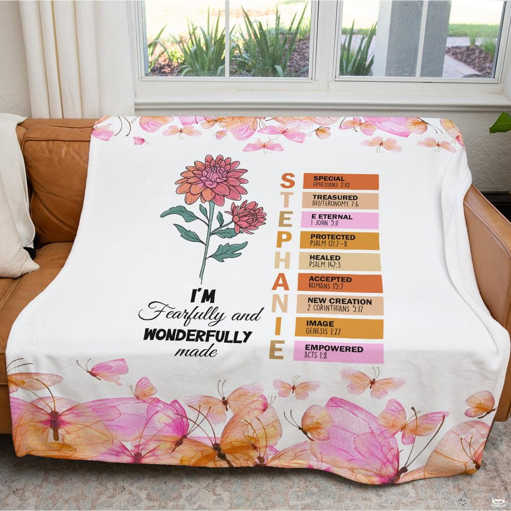 Fearfully and wonderfully made floral scripture blanket showing blooming dahlia and butterflies view 5