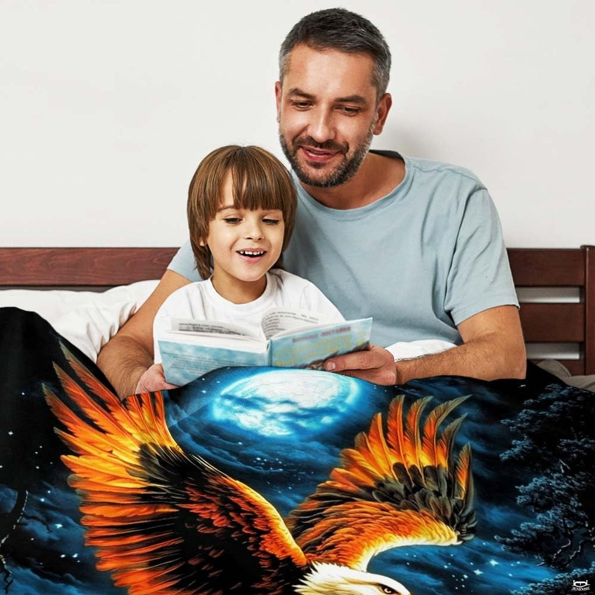 Soaring eagle wolves full moon throw blanket view 3 detailing nocturnal wildlife artwork