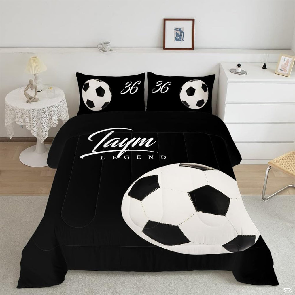 Black soccer legend bedding displaying monochrome soccer ball graphic and white script typography