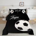 Black soccer legend bedding displaying monochrome soccer ball graphic and white script typography