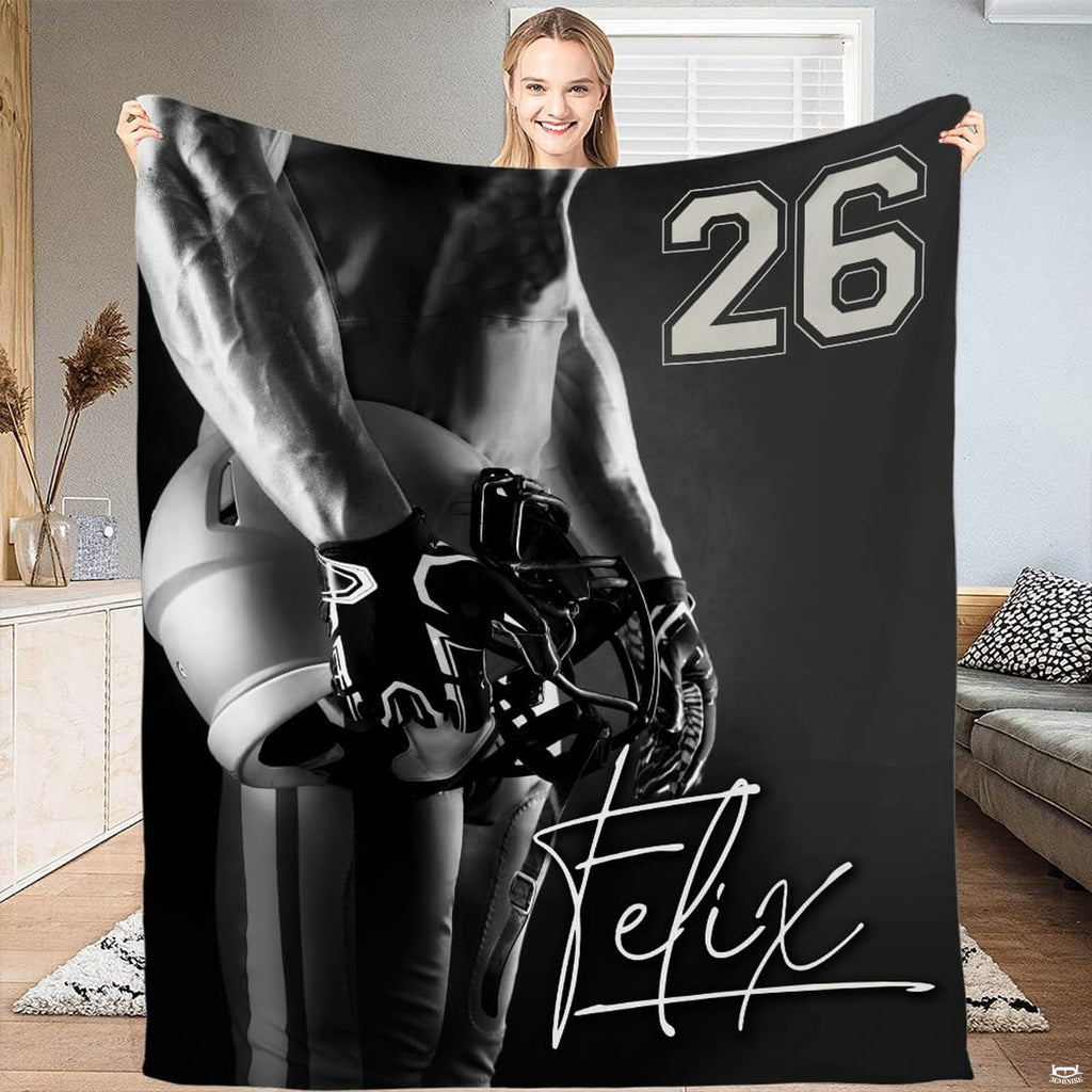 Football player helmet monochrome throw blanket displaying black and white athlete portrait